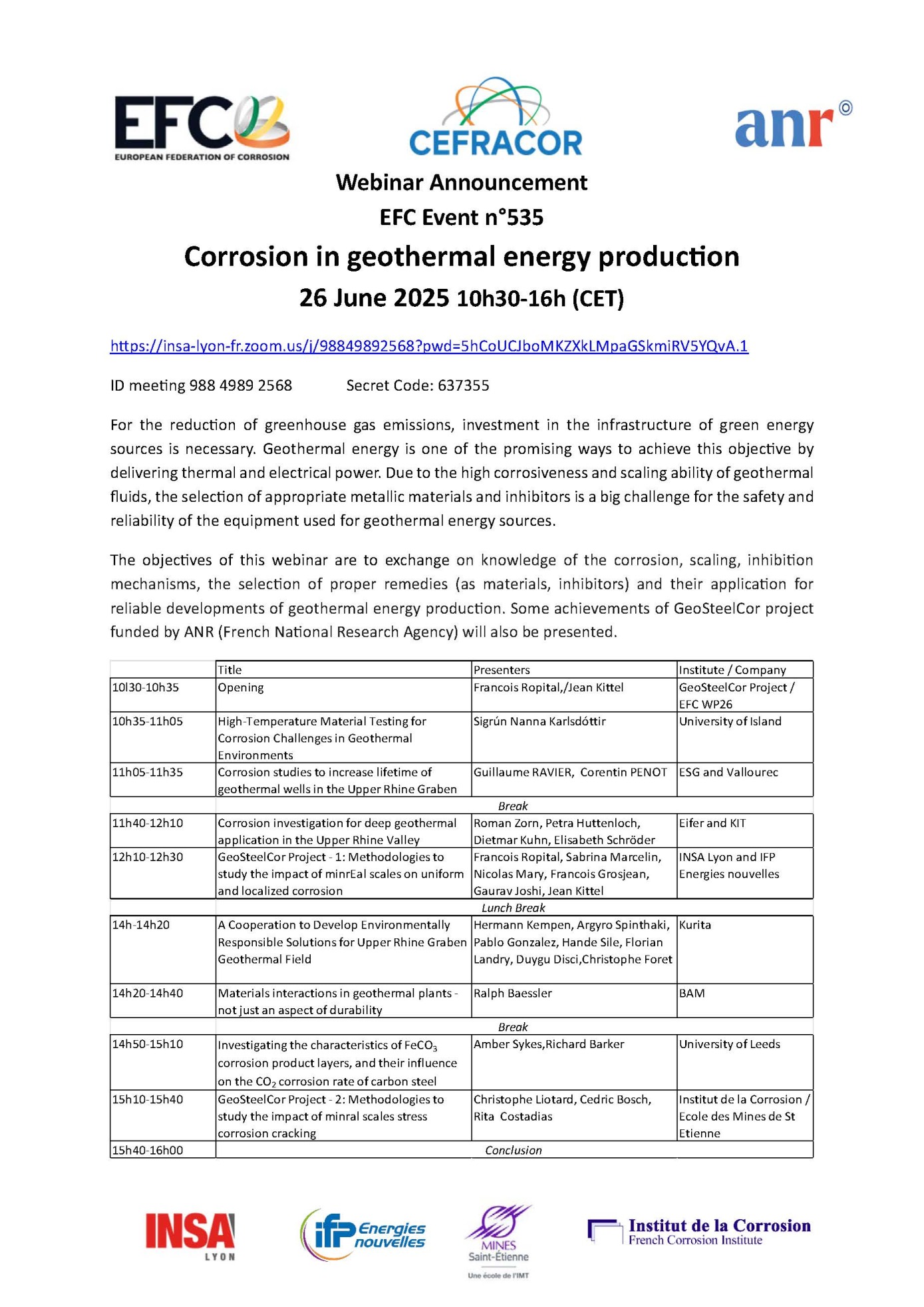 Final agenda and Zoom link 26 June 2025 webinar Corrosion Geothermal Energy GeoSteelCor
